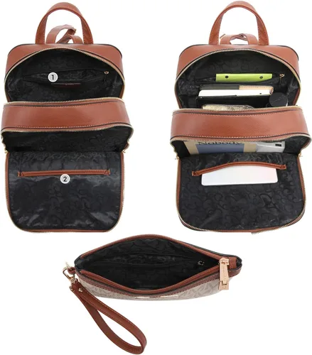 Vista 3 de MKP - Mochila mediana con doble cremallera para mujer de piel sintética para niñas y damas bolsa de hombro de viaje 2 unidades Beige Mochilas tipo