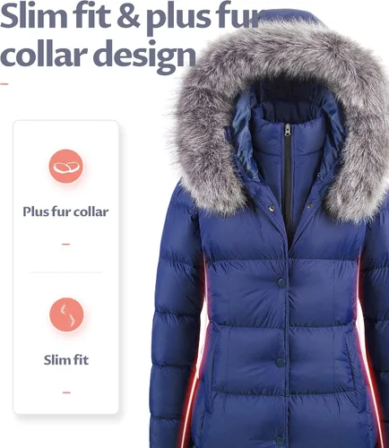 Vista 3 de CREATMO US Chaqueta de nieve de invierno para mujer, abrigo largo acolchado de piel sintética extraíble