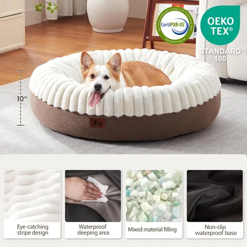 Vista 2 de Cama para perros en forma de dona, tamaño mediano, camas redondas para perros y gatos pequeños y medianos con piel sintética esponjosa lavable, cama