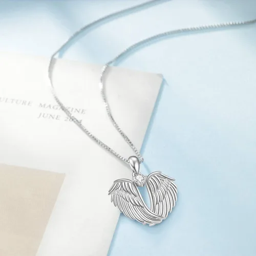 Vista 2 de YFN Collar de alas de ángel de plata de ley 925 con colgante de alas de ángel guardián collar de piedra natal para mujeres y niñas joyería de Navidad