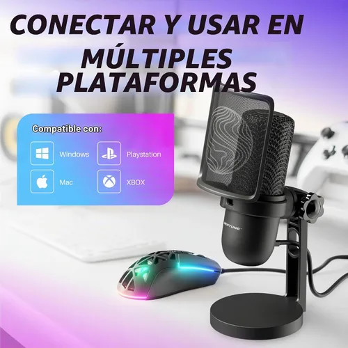Vista 3 de Neptune Sonus - Micrófono para juegos Micrófono de transmisión con filtro pop para claridad vocal Micrófono de escritorio para transmisión, Negro