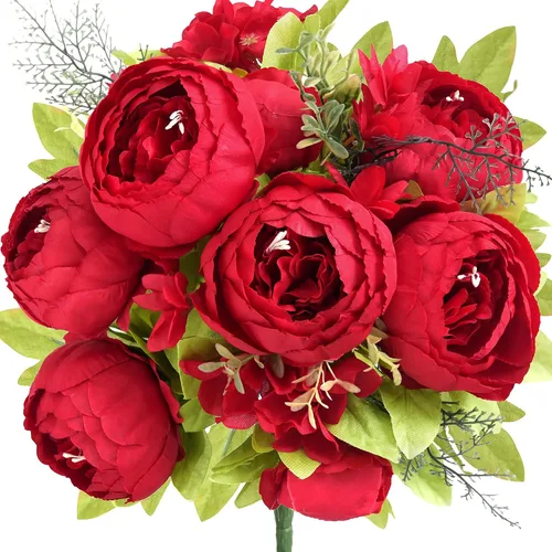 Vista 7 de Ramo de peonías artificiales – Juego de 2 tallos de flores de seda sintética – Ramos listos para el estilo para bodas, decoración del hogar, eventos