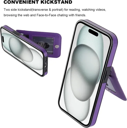 Vista 29 de KIHUWEY - Funda tipo cartera compatible con iPhone 15 con soporte para tarjetas de crédito, cierre magnético, soporte de cuero premium, cubierta