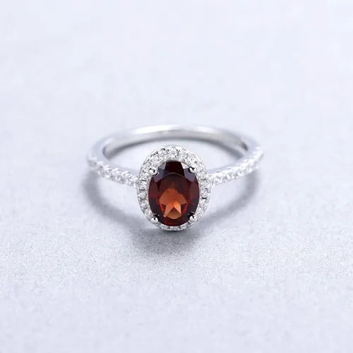 Vista 4 de Anillo de compromiso de plata de ley 925 con halo de piedras preciosas ovaladas para mujer talla 5 a 10