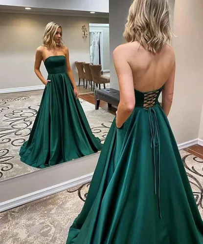 Vista 2 de SiLidressy Vestido de graduación sin tirantes espalda abierta vestido de fiesta con abertura alta vestidos de noche largos para mujer con bolsillos