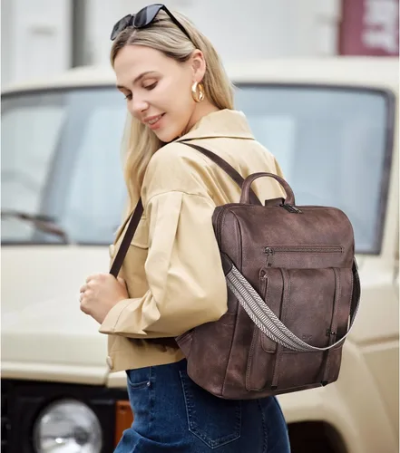 Vista 2 de CLUCI Mochila de cuero para mujer, mochila grande de viaje, a la moda, convertible, diseñador, trabajo, bolsos de hombro, 4 Marrón oscuro, Mochilas