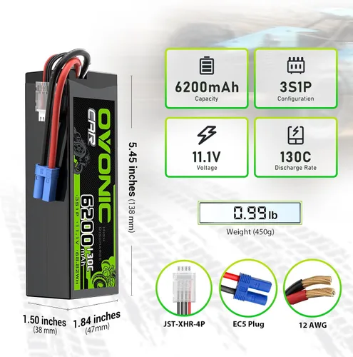 Vista 2 de OVONIC 3S LiPo Batería 6200mAh 11.1V 130C RC Batería con EC5 Conector
