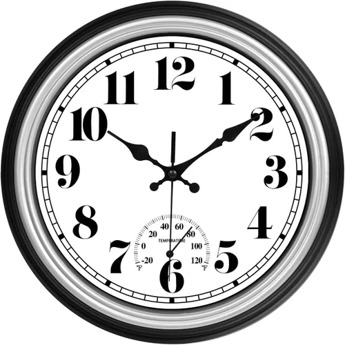 Vista 15 de JENLYSTIME Reloj de pared retro impermeable de 12 pulgadas para interior/exterior con termómetro, silencioso, redondo, de cuarzo, funciona con 40