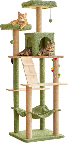 Vista 12 de MWPO Árbol grande y moderno para gatos, torre de madera de 70.1 pulgadas para gatos de interior, condominio alto para gatos de varios niveles con 2