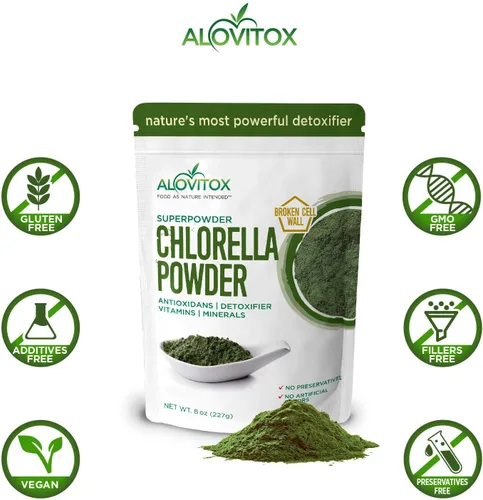Vista 4 de Alovitox Chlorella orgánica en polvo de 8 onzas Superalimento denso en nutrientes con antioxidantes, proteínas, vitaminas C, E, complejo B
