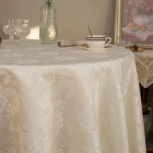 Vista 3 de GLORY SEASON Mantel redondo impermeable a prueba de derrames, de tela de damasco con ribete de encaje, para decoración de mesa de boda, cocina