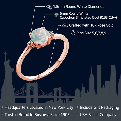 Vista 2 de Gem Stone King Juego de anillos solitarios de compromiso de oro rosa de 10 quilates con cabujón redondo de 0.33 quilates, ópalo blanco simulado