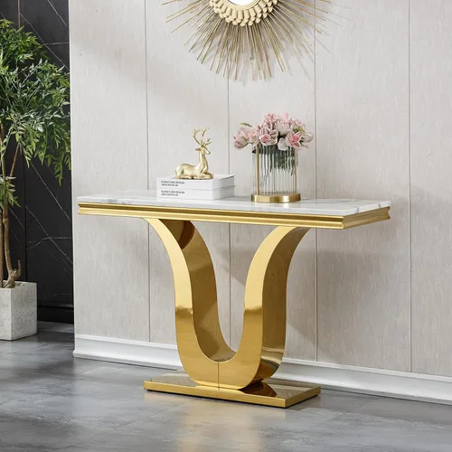 Vista 31 de SSLine Mesa de Centro Rectangular de Mármol Sintético para Sala de Estar, Mesa Central Moderna de Mármol Blanco de Lujo con Base Doble en Forma de U