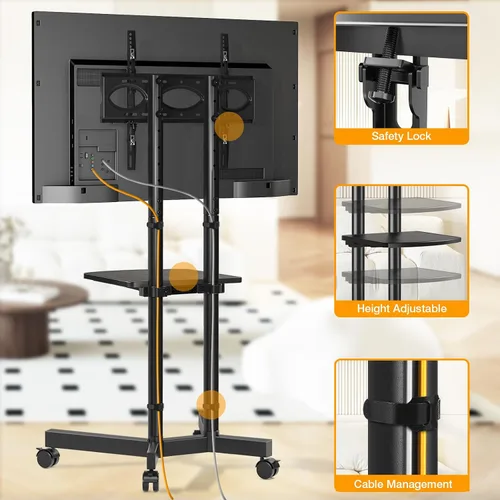 Vista 4 de Soporte de TV móvil con ruedas mejoradas para televisores de 32 a 75 pulgadas hasta 88 libras, soporte de TV rodante ajustable en altura con estante