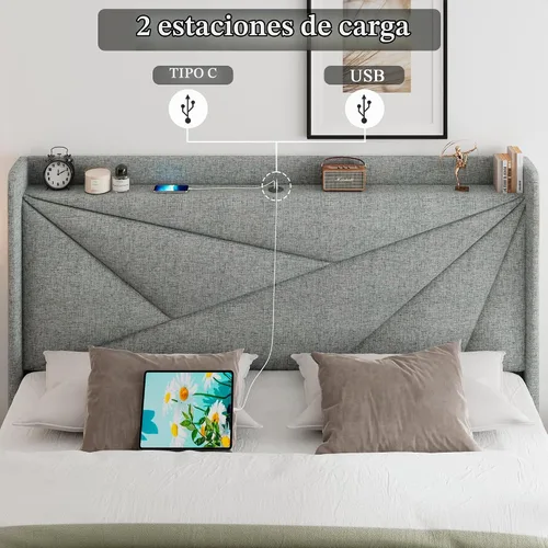 Vista 4 de Feonase Marco de cama King, marco de cama tapizado con puertos tipo C y USB, estante con respaldo de alas, soporte de listones de madera maciza,