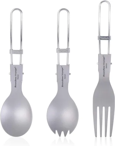 Vista 10 de iBasingo Cuchillo de tenedor de titanio con mango plegable, utensilios de vajilla ultraligeros para camping, picnic al aire libre, senderismo