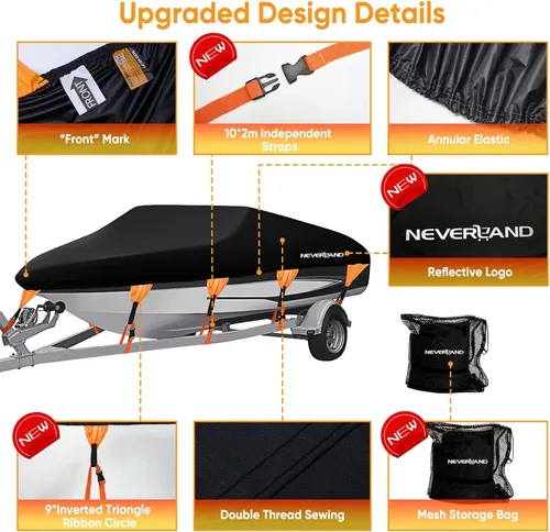 Vista 3 de NEVERLAND Funda para barco impermeable de grado marino resistente de poliéster 600D, lona remolcable, se adapta a V-Hull y Tri-Hull, Runabouts