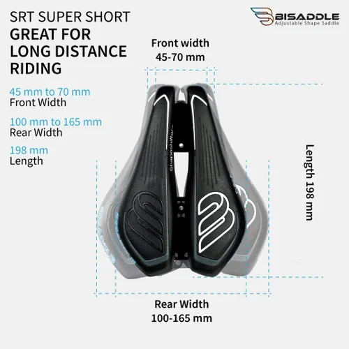 Vista 3 de BiSaddle SRT Sillín de bicicleta ajustable sin nariz súper corto negro con rieles de titanio, ajuste personalizado, cómodo, talla única