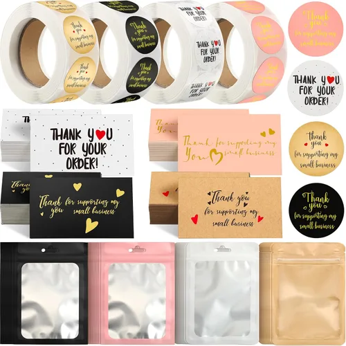 Vista 8 de Leelosp 2280 tarjetas de agradecimiento rosadas y calcomanías para pequeñas empresas, regalos hechos a mano, embalaje de envío, pulsera resellable