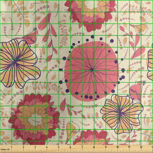 Vista 3 de Lunarable Spring Fabric by The Yard, Pastel Nature Botany Floral Theme with Curvy Lines Stems Petals Birds Dots, Decorative Satin Fabric for Home