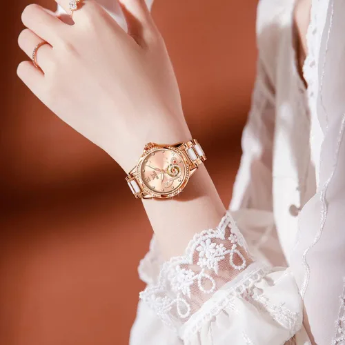 Vista 3 de OLEVS Relojes para mujer, de cuerda automática, oro rosa, diamante, reloj de pulsera mecánico automático, acero inoxidable, dos tonos, pulsera