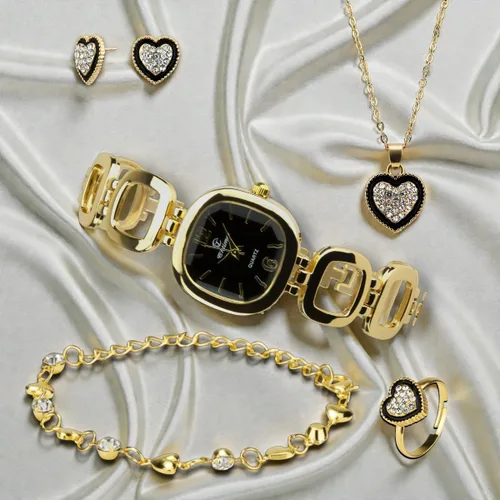 Vista 5 de Set de regalo Reloj de mujer Negro - Conjunto de joyas- Collar-Anillo- Pendientes - Banda, Vidrio