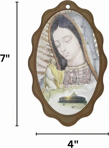 Vista 5 de Needzo Altar de Nuestra Señora de Guadalupe, imagen de madera de la Virgen María, regalos religiosos o decoración del hogar para pared, repisa