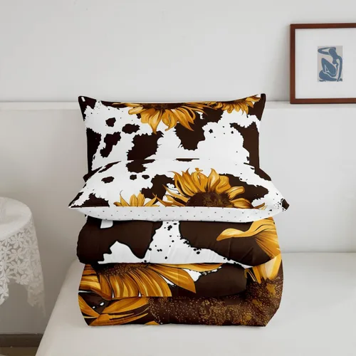 Vista 6 de Juego de edredón con estampado de vaca marrón para niñas y niños, edredón de plumón de piel de vaca de las tierras altas, ropa de cama de piel