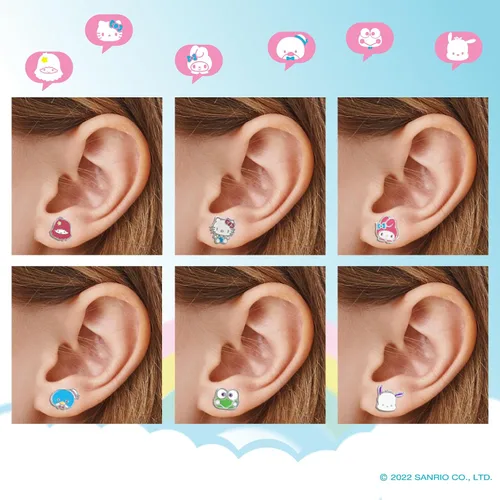 Vista 4 de Sanrio - Aretes tipo dormilona para niñas, paquete de 12 pares, licencia oficial de Hello Kitty and Friends, aretes para uso diario, Disfraz, No es