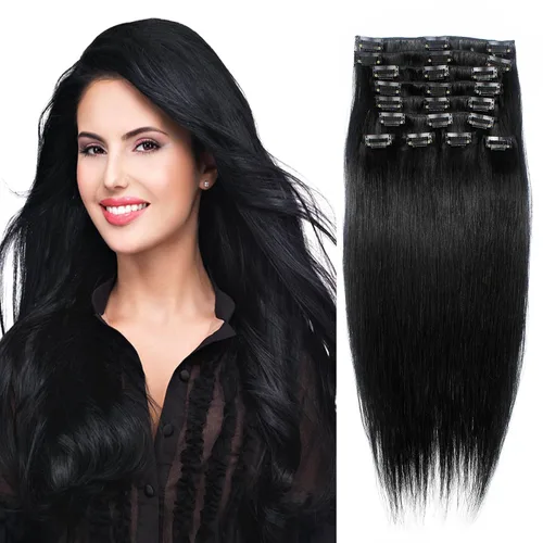 Vista 3 de Extensiones de cabello humano Remy liso con clip, de 26 pulgadas, 4.23 onzas, 10 unidades, color marrón oscuro