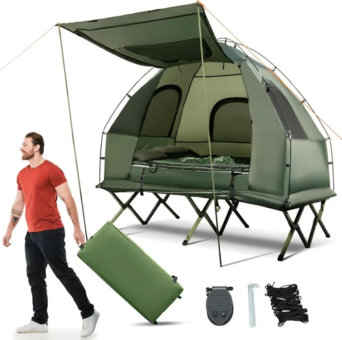 Vista 9 de Tangkula Combo de Catre de Tienda 5 en 1 con Toldo, Colchón de Aire, Saco de Dormir, Almohada, Tienda Individual Elevada con Bolsa de Transporte