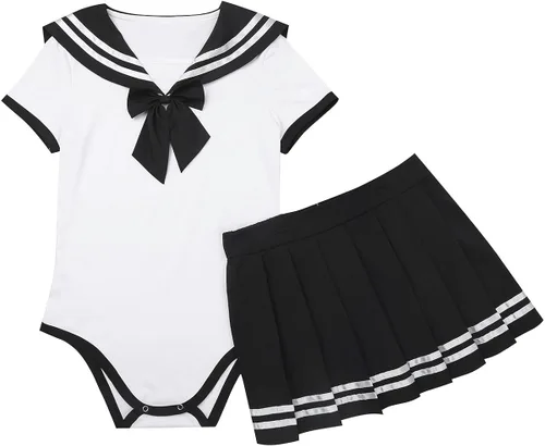 Vista 7 de Fldy Conjunto de 2 piezas de anime para colegialas Sweety Uniforme, traje de cuello azul marino con minifalda