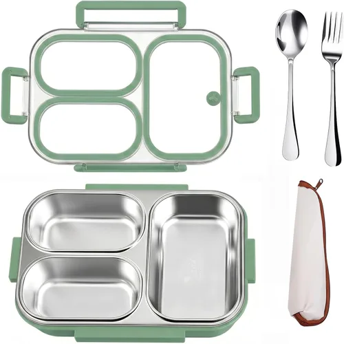 Vista 8 de Kit de lonchera de acero inoxidable 18/8 de 25 onzas (caja de bento + tenedor/cuchara), 3 compartimentos a prueba de fugas, caja de aperitivos