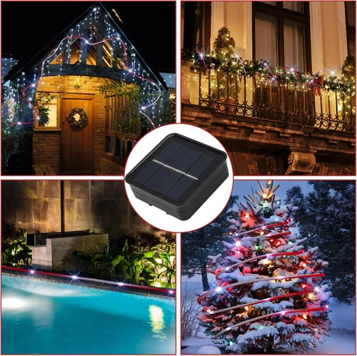 Vista 6 de 2 luces solares de Navidad para exteriores, color caramelo, impermeables, parpadeantes, 33 pies, 100 luces LED impermeables, luces de Navidad
