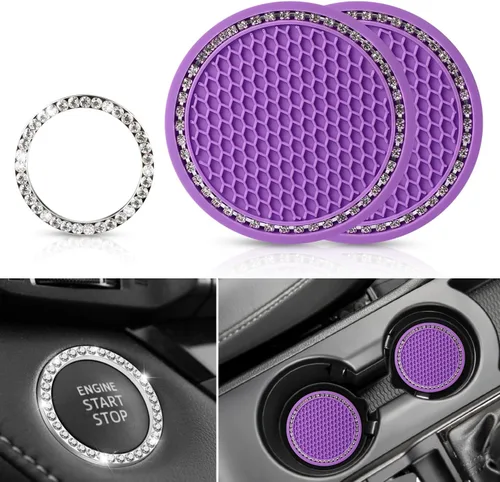 Vista 10 de OUZORP Paquete de 2 posavasos azules para automóvil con botón de arranque y anillo brillante, 1 paquete Posavasos antideslizantes para portavasos
