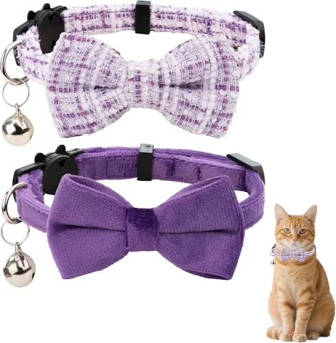 Vista 16 de Collar de gato con campana para niño y niña, pajarita de seguridad, a cuadros, color sólido, conjunto de regalo, lindo festivo, [2 piezas], verde