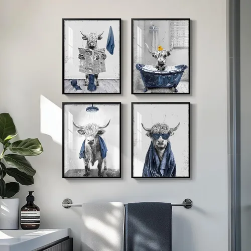 Vista 15 de Arte de pared divertido de vaca de las tierras altas enmarcado para baño, 4 piezas de divertidos animales, impresiones artísticas azul marino, linda