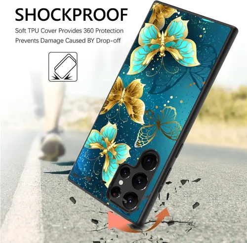Vista 6 de GUAGUA Funda protectora para Samsung Galaxy S22 Ultra que brilla en la oscuridad, Samsung S22 Ultra, bonita mariposa azul noctilucente, luminosa, a