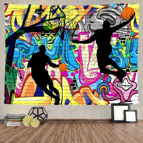 Vista 9 de Ine Ive Tapiz deportivo de baloncesto con graffiti nostálgico, póster de pared de arte callejero de 40 x 30 pulgadas para niños, silueta de tiro