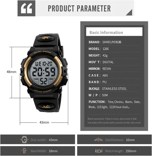 Vista 5 de Reloj digital deportivo impermeable para niños, reloj despertador de 1224 H, cronómetro, calendario de 3 a 15 años, reloj de pulsera para niños