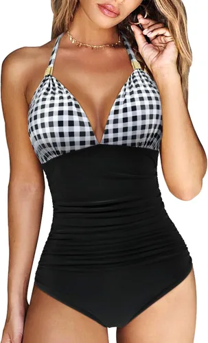 Vista 79 de RXRXCOCO - Traje de baño fruncido de una pieza, con cuello en V, para mujer, con control de abdomen y cuello halter