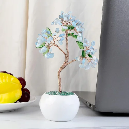 Vista 4 de Amogeeli Árbol de dinero de cristal curativo con maceta de cerámica, árbol de la suerte bonsái de piedra para decoración del hogar Fengshui
