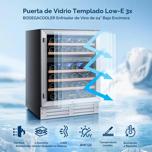 Vista 3 de BODEGA 24 Inch Wine Fridge, 46 Bottle, 41–72°F, Dual-Zone Temp Control.