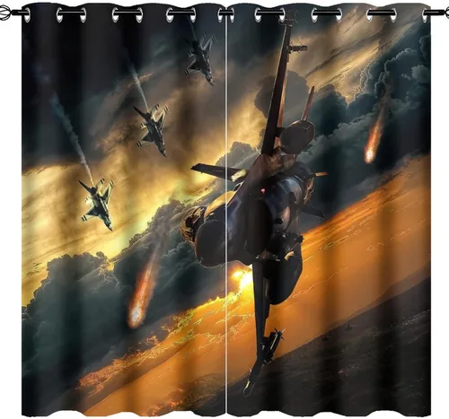 Vista 37 de Cortinas opacas con diseño de avión para dormitorio, hermoso estampado de combatientes de puesta de sol, con ojales, aislamiento térmico, cortinas