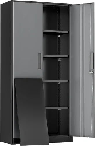 Vista 22 de Greenvelly Gabinete de almacenamiento de metal, gabinete de almacenamiento de metal con bloqueo de 63" de alto con puertas y 4 estantes, armarios