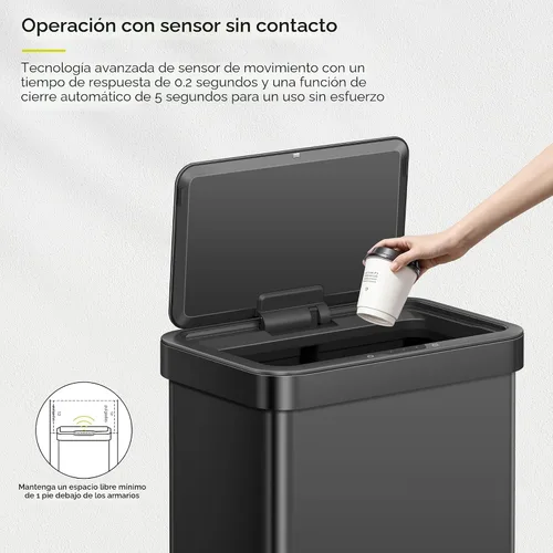 Vista 3 de EKO Nova - Papelera con sensor, 21 galones/80 litros, acero inoxidable, rectangular, sin contacto, con sensor de movimiento, negro mate