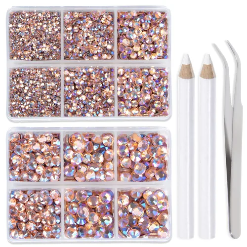 Vista 34 de LPBeads 6400 unidades de diamantes termoadhesivos de 12 colores con parte trasera plana, 5 tamaños mixtos, gemas de cristal redondas con pinzas