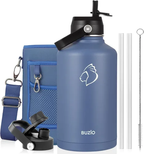 Vista 47 de BUZIO Botella de agua aislada de 24 oz, frasco de agua de boca ancha de acero inoxidable con tapa de pajita, frío durante 48 horas a prueba de Negro