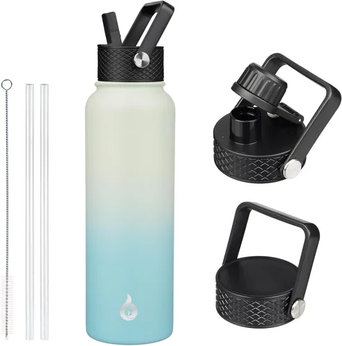 Vista 62 de BJPKPK Botellas de Agua Aisladas con Tapa de Pajita, Botella de Agua de Acero Inoxidable de 18oz, Termo Frío Caliente con 3 Tapas, Vaso de Viaje a