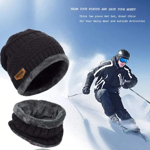 Vista 6 de Juego de 2 piezas de gorro de invierno para hombre, bufanda gruesa con forro polar, gorro de calavera, gorro de invierno de punto cálido, calentador